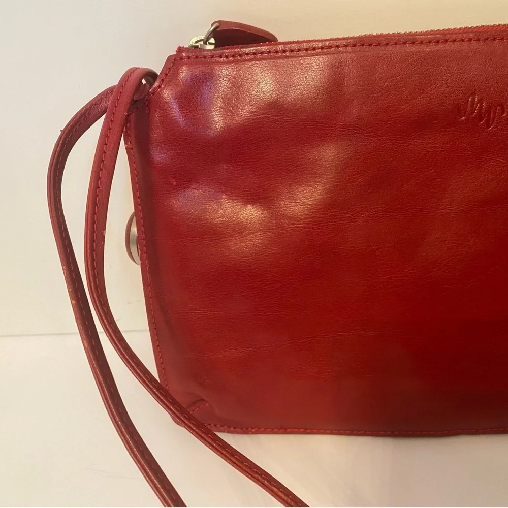 VINTAGE MONSAC ORIGINAL BAG SHOULDER SHINY RED LEATHER 2 STRAP ZIP TOP ENVELOPE